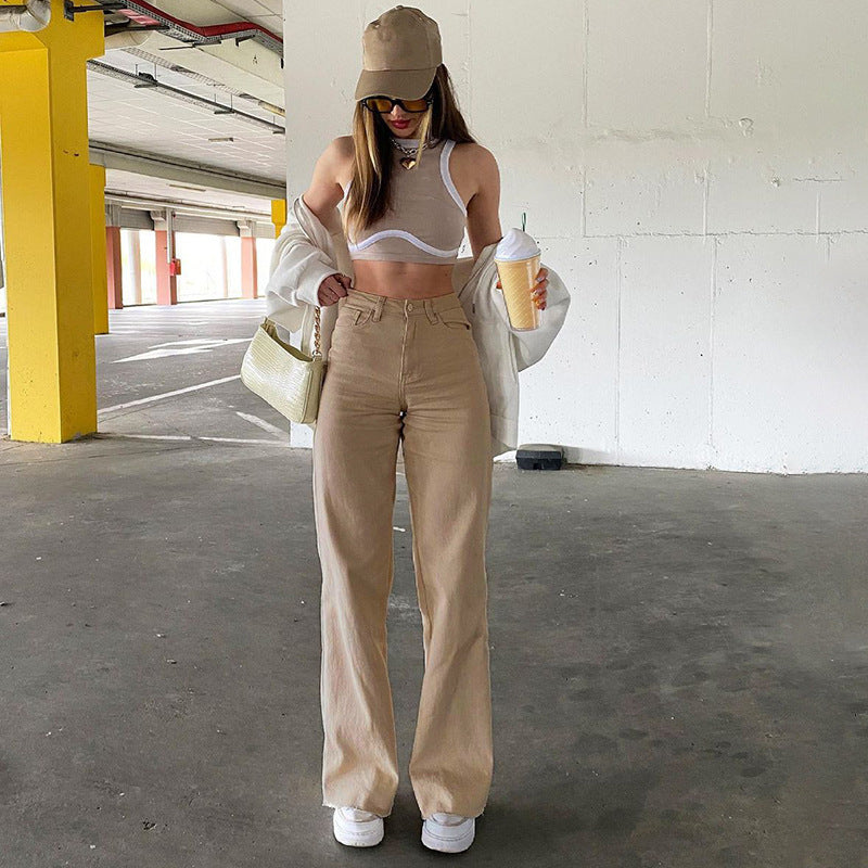 European-american style 2021 new solid color jeans female drape loose show thin high waist straight pants women casual pants