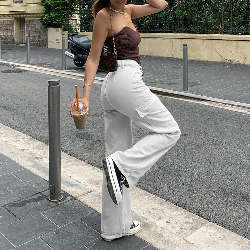 Aliexpress cross-border autumn fashion straight leg jeans casual high-waisted ins street pocket Y2K slacks