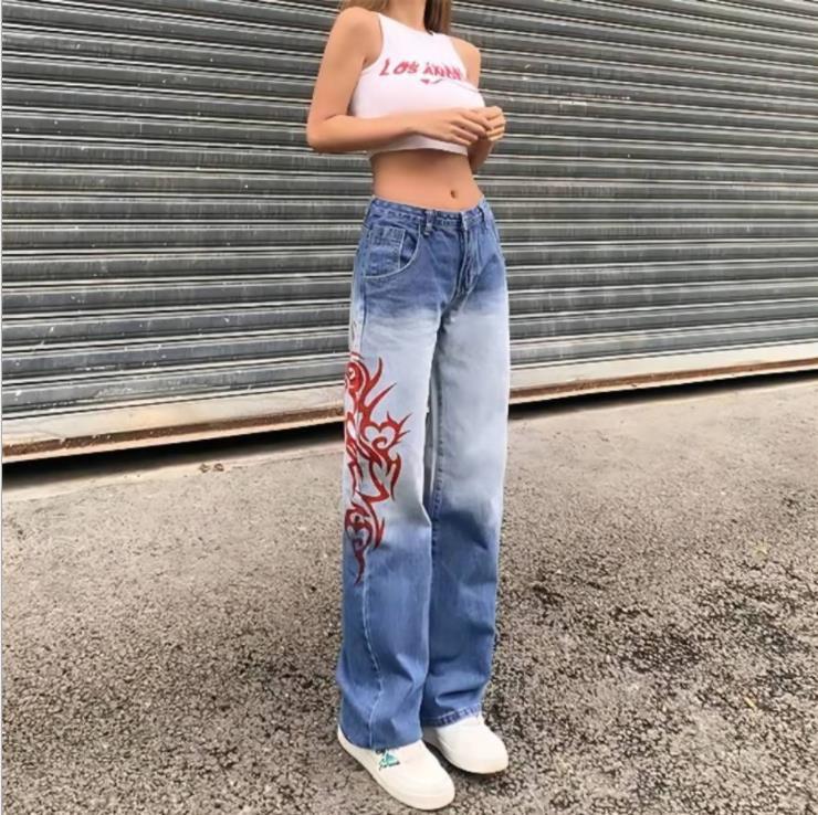 The manufacturer sends a European and American cross border special for new flame printing gradually thin straight tube pants jeans women