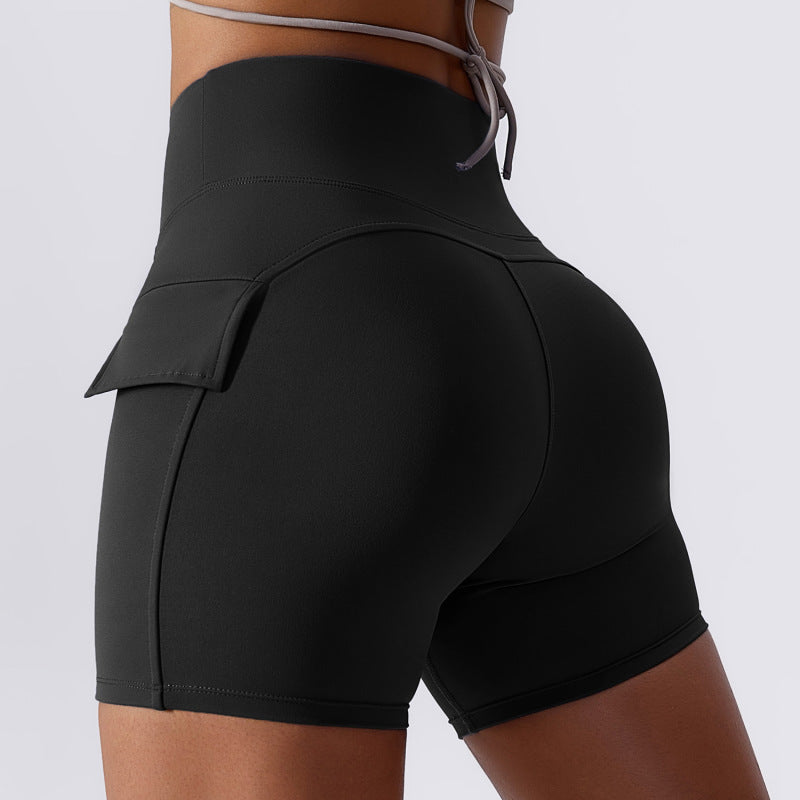 Lycra nude Yoga shorts cargo pocket tight shorts women's high waist quick dry running fitness pants women 8135