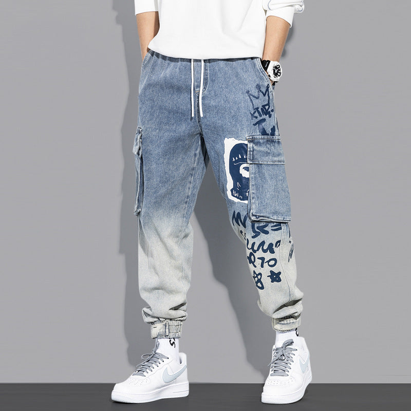 Spring and autumn multi-bag cargo jeans men's fashion brand gradual Korean version of the trend of pants loose casual boys bunched pants