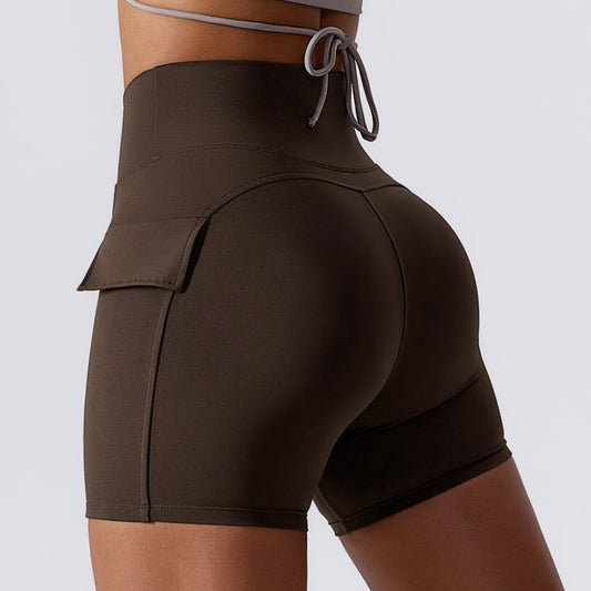 Lycra nude Yoga shorts cargo pocket tight shorts women's high waist quick dry running fitness pants women 8135