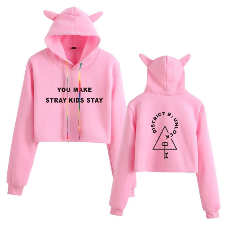 The new Stray Kids Tour print perimeter midriff Cat ear hoodie for ladies