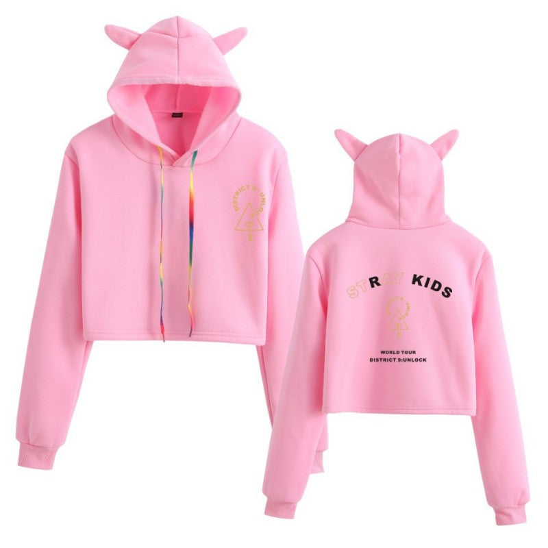 The new Stray Kids Tour print perimeter midriff Cat ear hoodie for ladies