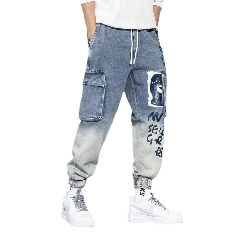 Spring and autumn multi-bag cargo jeans men's fashion brand gradual Korean version of the trend of pants loose casual boys bunched pants