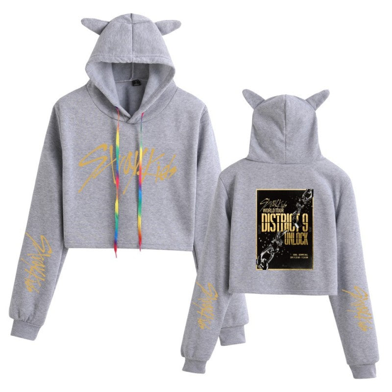 The new Stray Kids Tour print perimeter midriff Cat ear hoodie for ladies