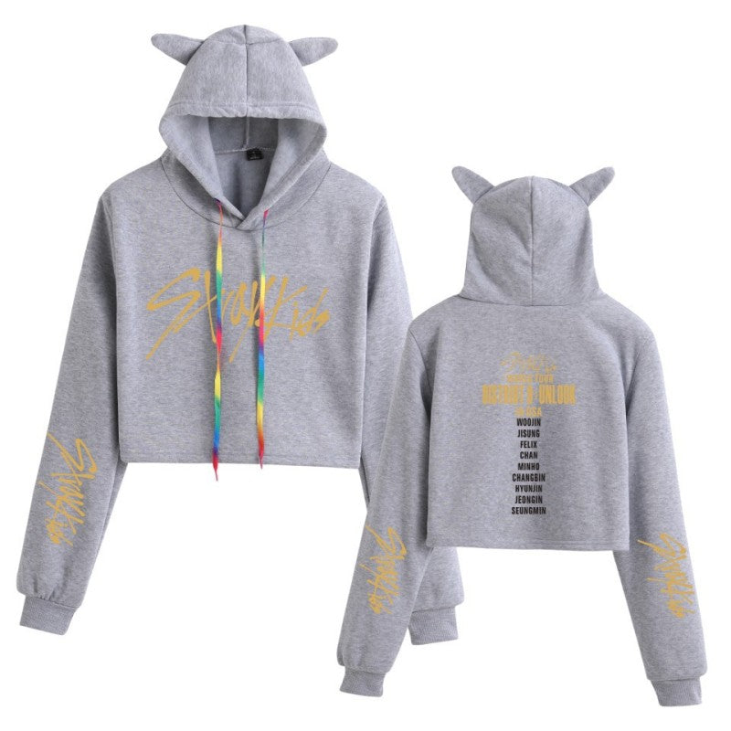 The new Stray Kids Tour print perimeter midriff Cat ear hoodie for ladies