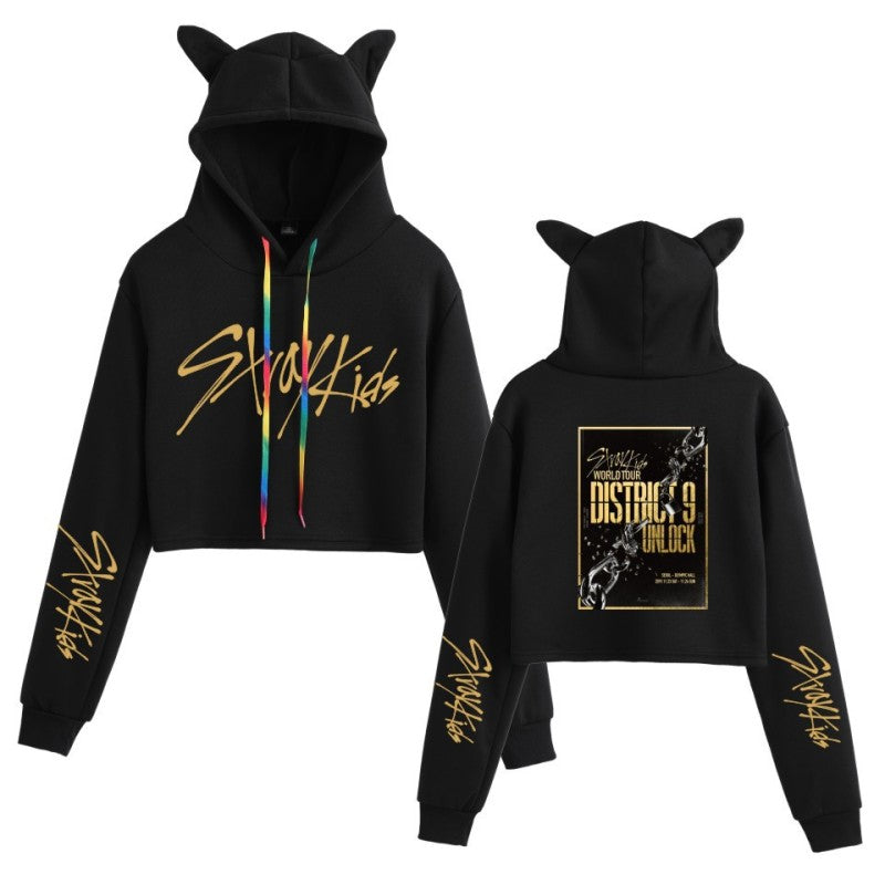 The new Stray Kids Tour print perimeter midriff Cat ear hoodie for ladies