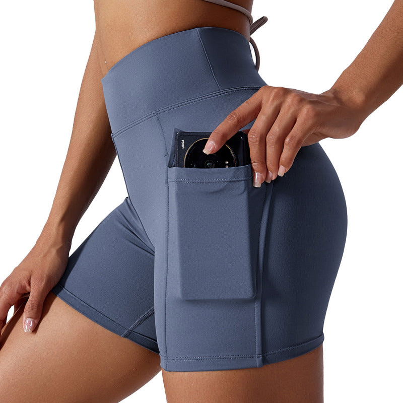 Lycra nude Yoga shorts cargo pocket tight shorts women's high waist quick dry running fitness pants women 8135