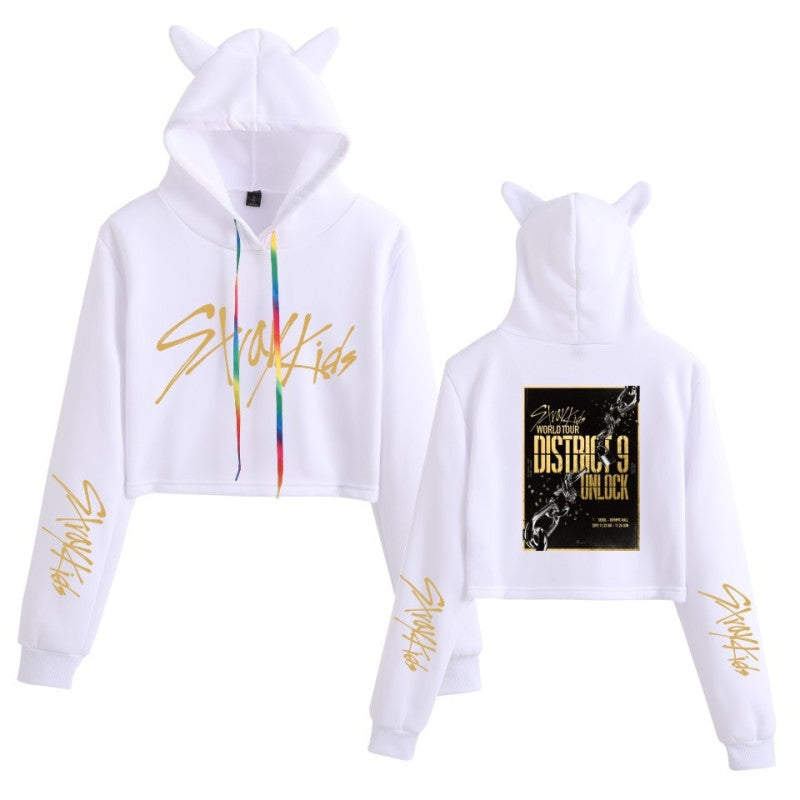 The new Stray Kids Tour print perimeter midriff Cat ear hoodie for ladies