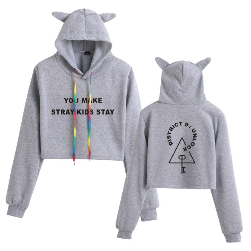 The new Stray Kids Tour print perimeter midriff Cat ear hoodie for ladies