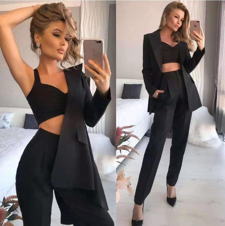 New solid color medium length loose suit trousers all vest three-piece set YJ4060