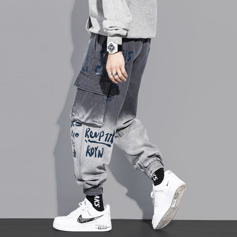 Spring and autumn multi-bag cargo jeans men's fashion brand gradual Korean version of the trend of pants loose casual boys bunched pants