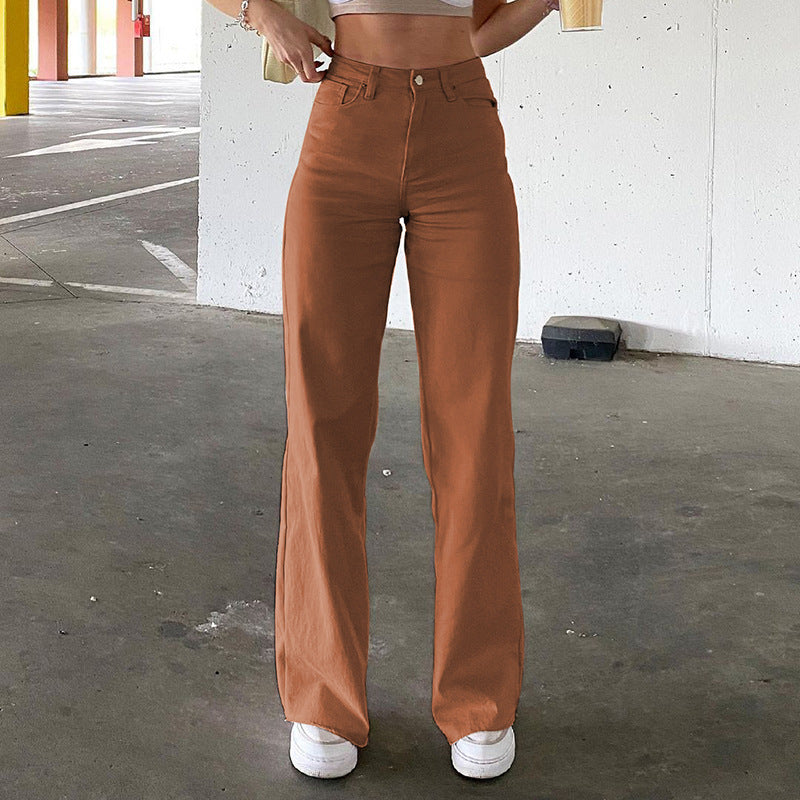 European-american style 2021 new solid color jeans female drape loose show thin high waist straight pants women casual pants