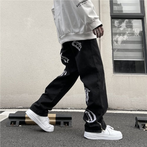 American street hiphop hiphop pants men's high street vibe wind loose straight tube side zipper embroidered jeans tide