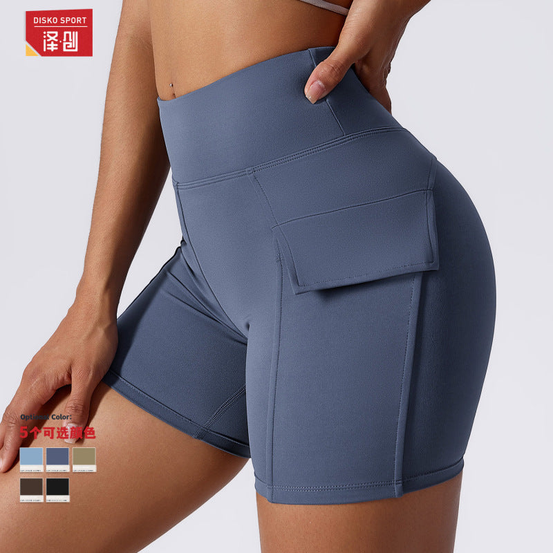 Lycra nude Yoga shorts cargo pocket tight shorts women's high waist quick dry running fitness pants women 8135