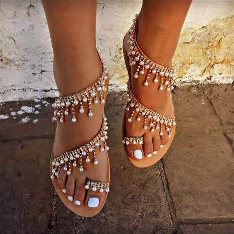 Summer 2020 cross-border rhinestone Roman pearl sandals Europe and the United States handmade beaded flat sandals female spot