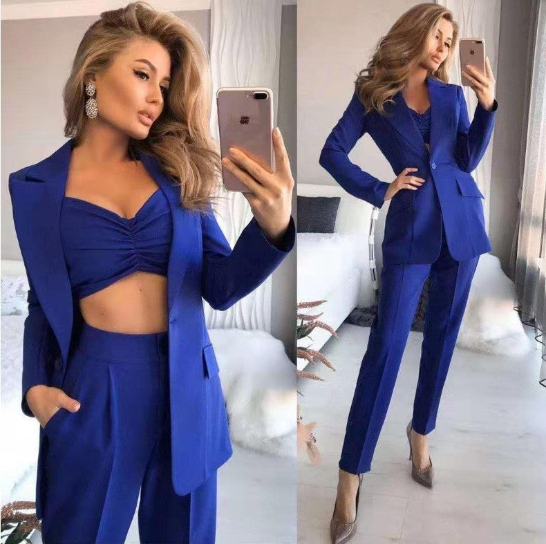 New solid color medium length loose suit trousers all vest three-piece set YJ4060