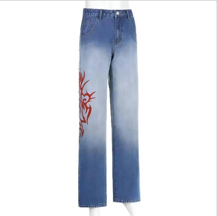 The manufacturer sends a European and American cross border special for new flame printing gradually thin straight tube pants jeans women