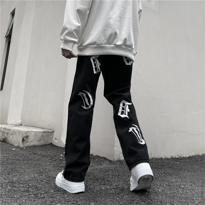 American street hiphop hiphop pants men's high street vibe wind loose straight tube side zipper embroidered jeans tide