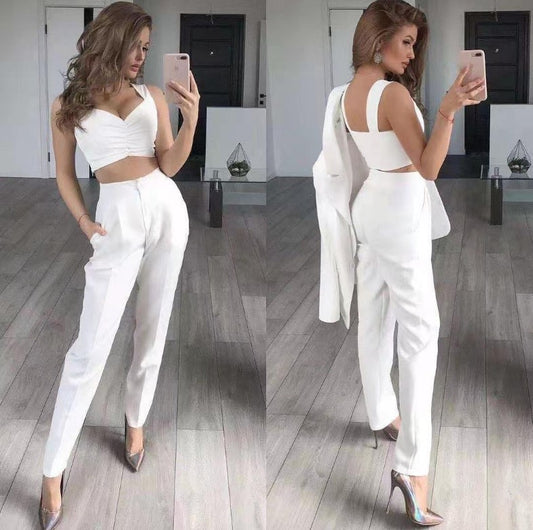 New solid color medium length loose suit trousers all vest three-piece set YJ4060