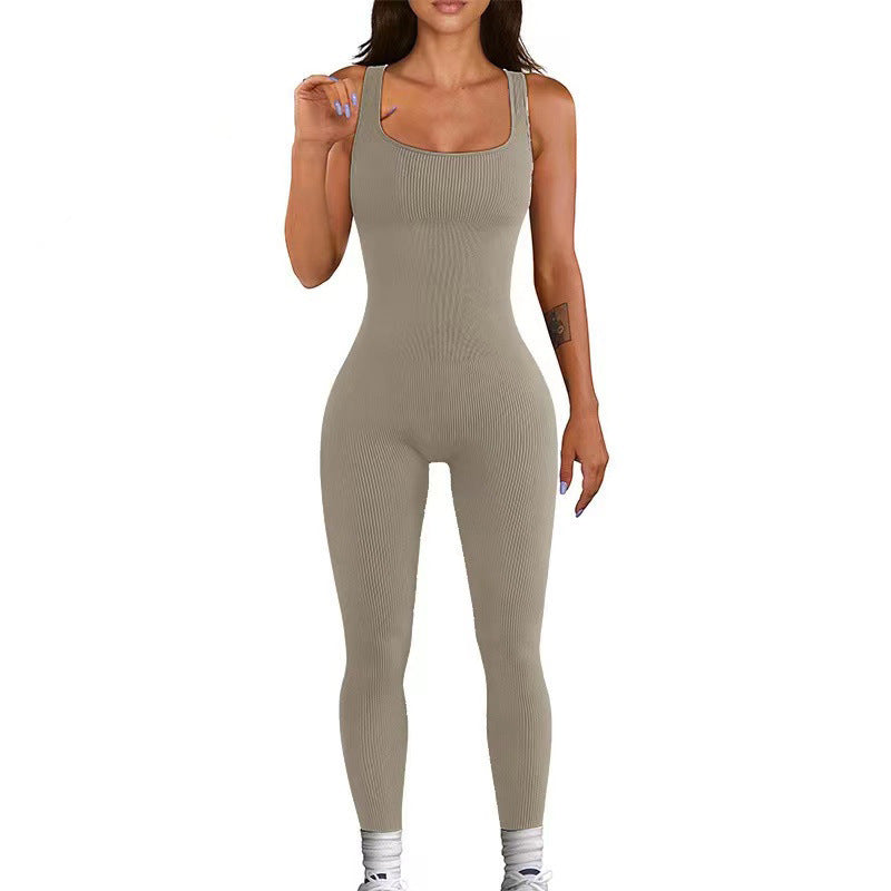 Threaded pants jumpsuit Seamless stretch tracksuit removable chest pad fitness one-piece yoga suit women