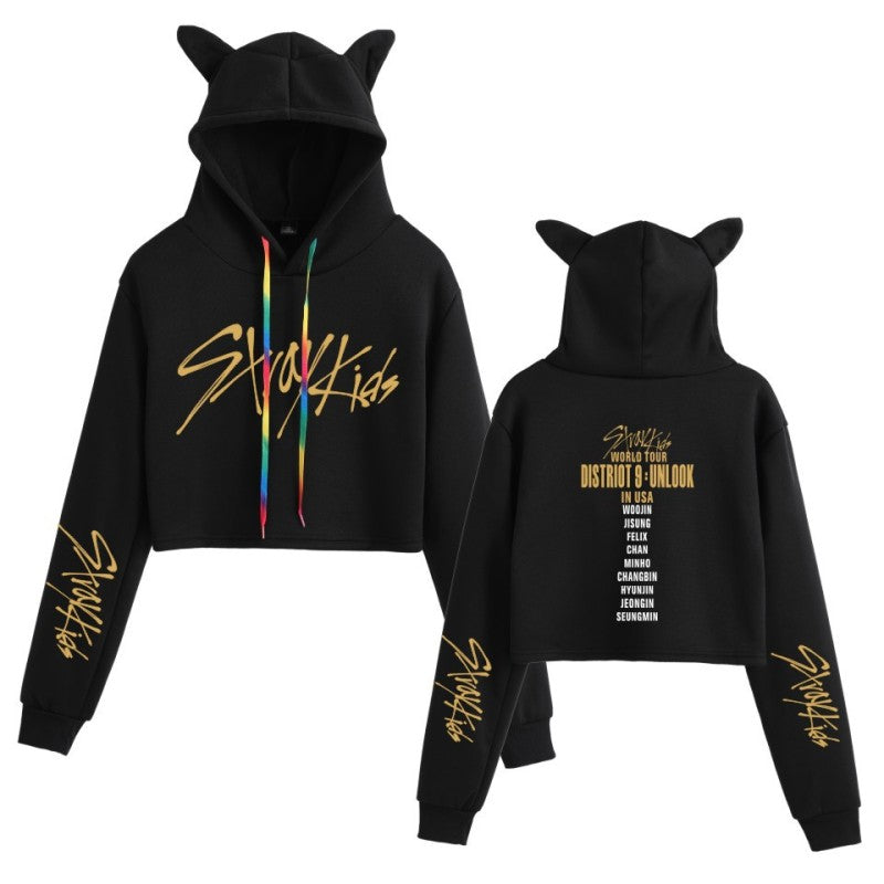 The new Stray Kids Tour print perimeter midriff Cat ear hoodie for ladies