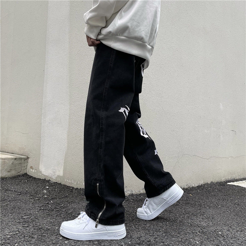 American street hiphop hiphop pants men's high street vibe wind loose straight tube side zipper embroidered jeans tide