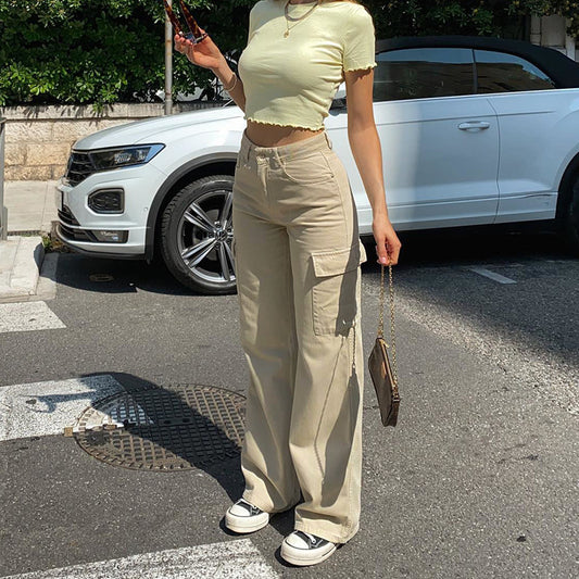 Aliexpress cross-border autumn fashion straight leg jeans casual high-waisted ins street pocket Y2K slacks