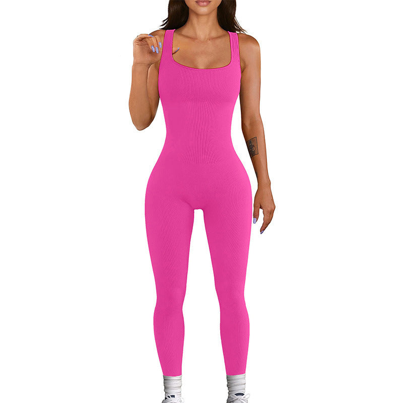 Threaded pants jumpsuit Seamless stretch tracksuit removable chest pad fitness one-piece yoga suit women