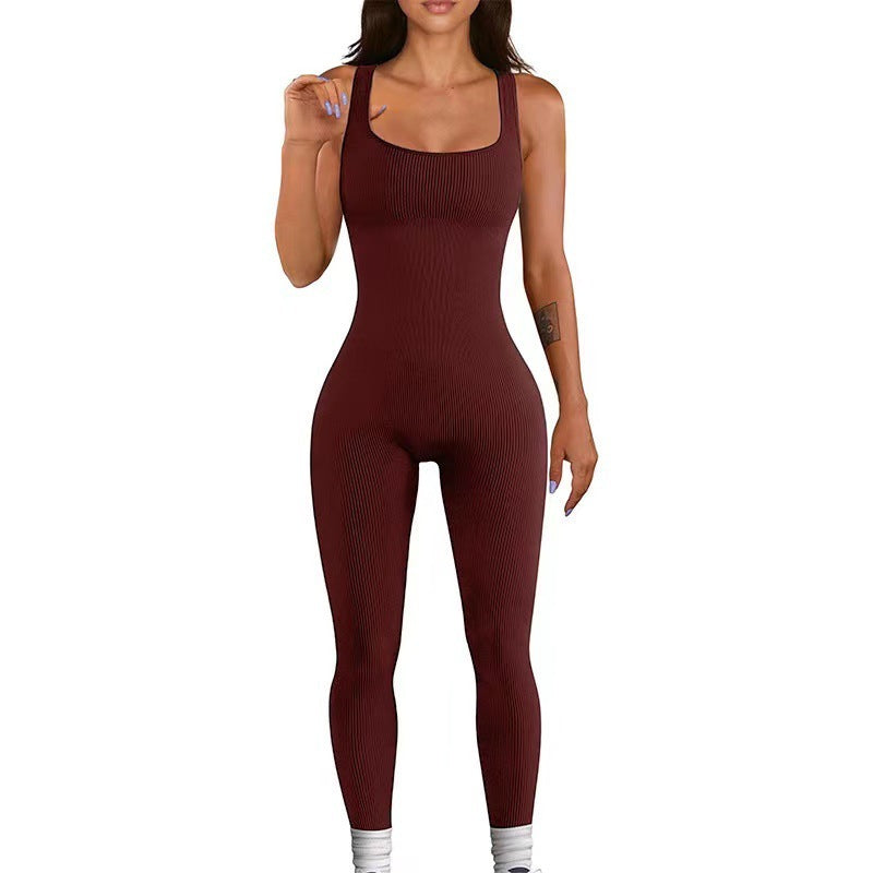 Threaded pants jumpsuit Seamless stretch tracksuit removable chest pad fitness one-piece yoga suit women