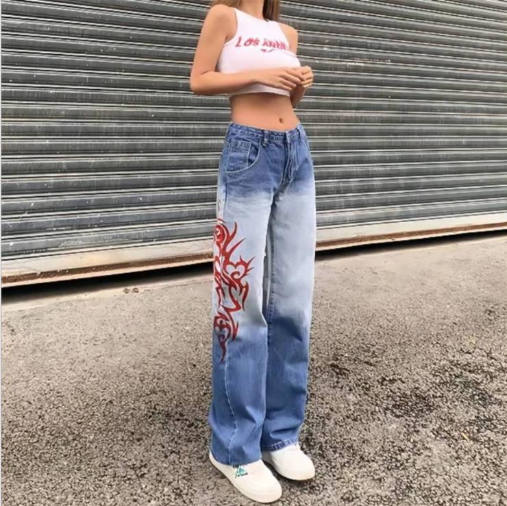 The manufacturer sends a European and American cross border special for new flame printing gradually thin straight tube pants jeans women