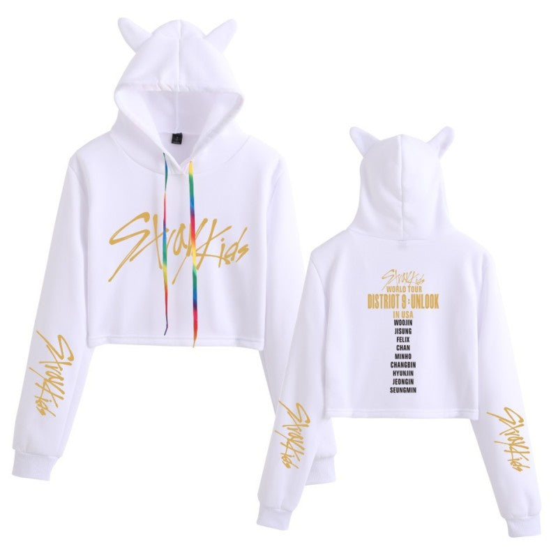 The new Stray Kids Tour print perimeter midriff Cat ear hoodie for ladies